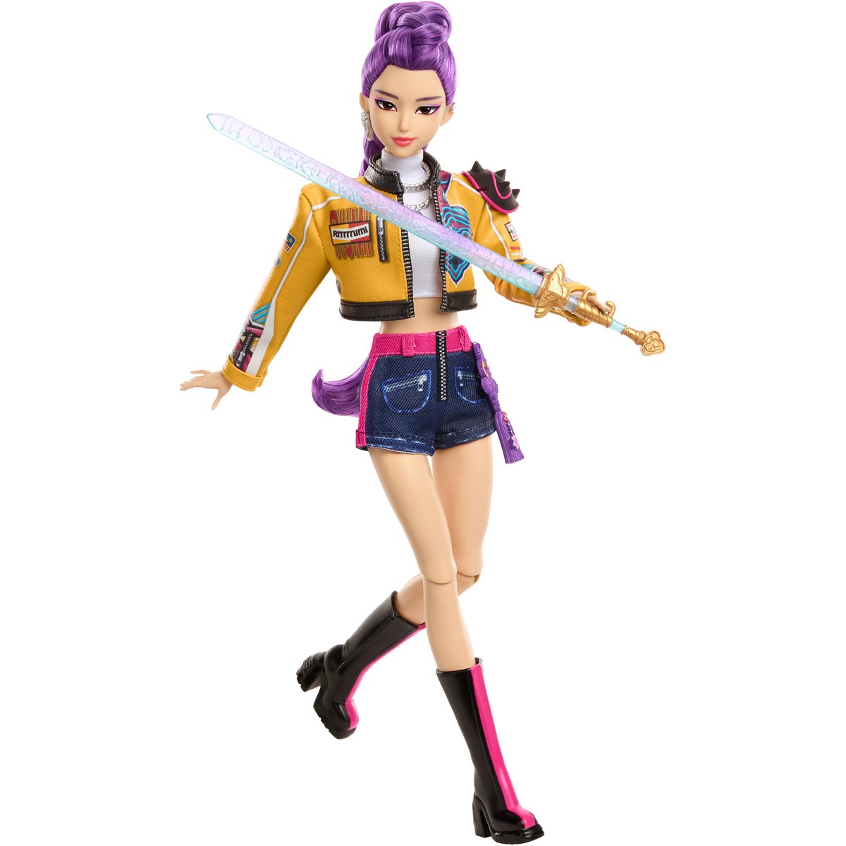 Toy figure with purple hair and a sword on a white background