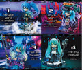 A 2x2 collage showing four different Hatsune Miku anime figurines with their respective display bases and quotes. The top-left figure has blue pigtails and stands on a metallic platform with text reading 'The wide world is endless.