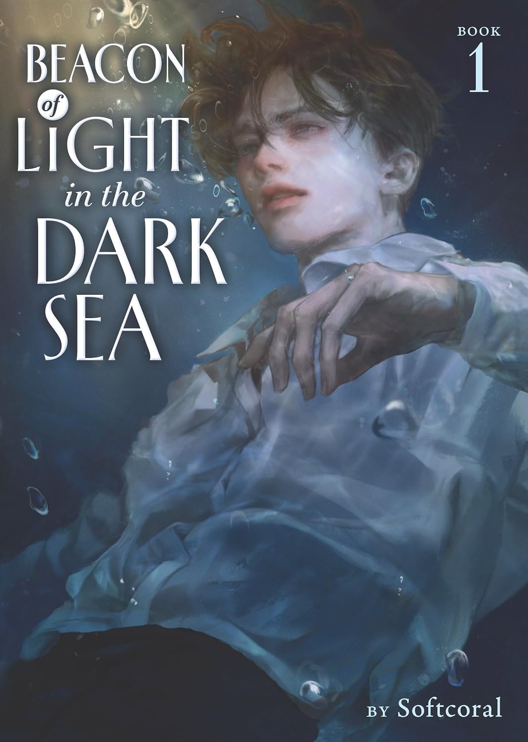 Book cover for 'Beacon of Light in the Dark Sea, Book 1' by Softcoral, featuring an underwater illustration of a young man in a wet white shirt, with large white title text on a dark blue background.