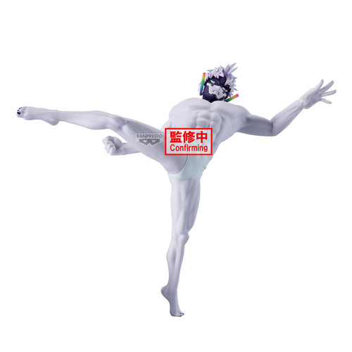 Jiji in fighting pose with one leg in the air and right arm in a punch.