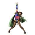 Action figure with a green cape and purple shirt on a white background