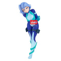 Animated character figure with blue and white outfit on a white background