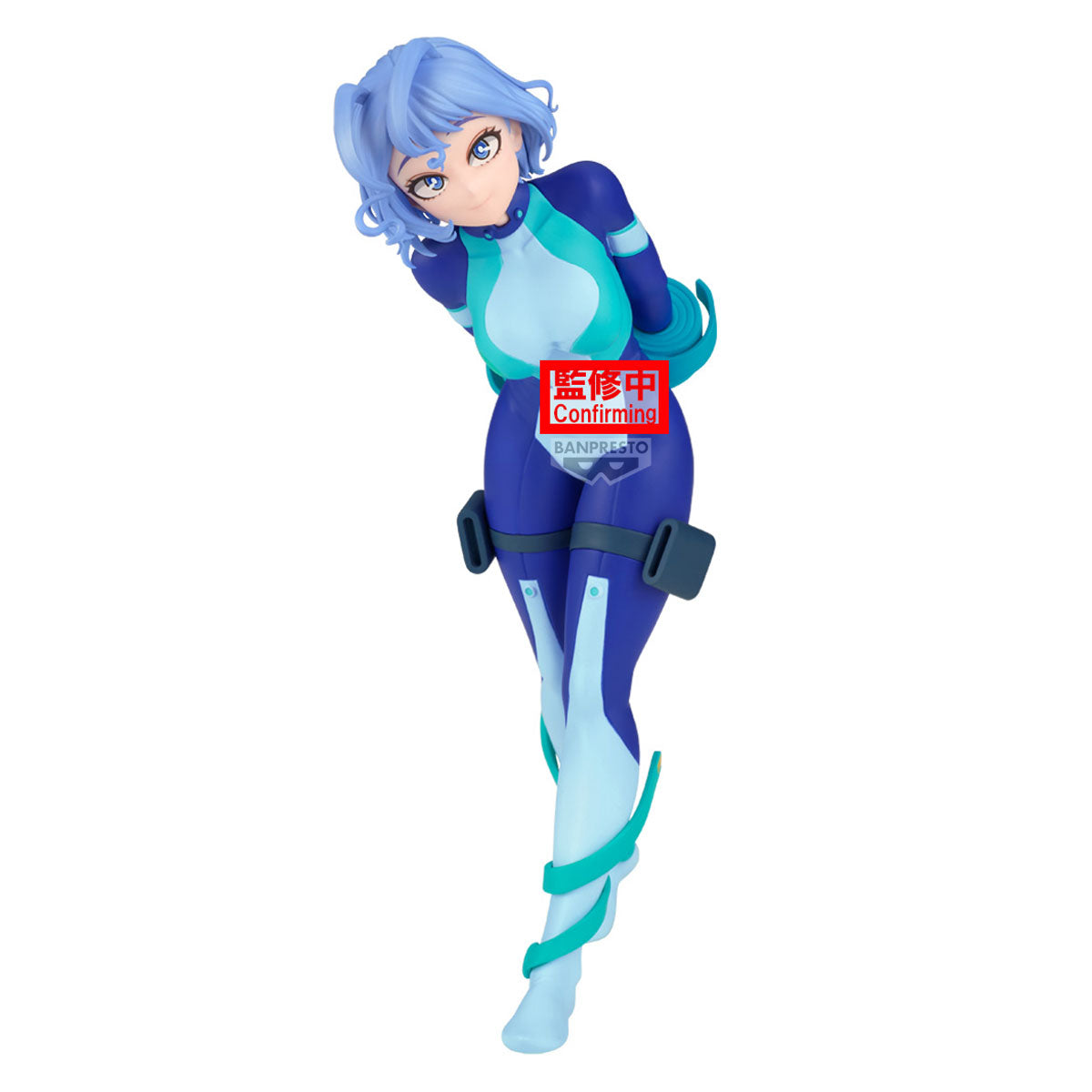 Animated character figure with blue and white outfit on a white background