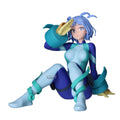 Animated character figure in blue and white outfit with a white background