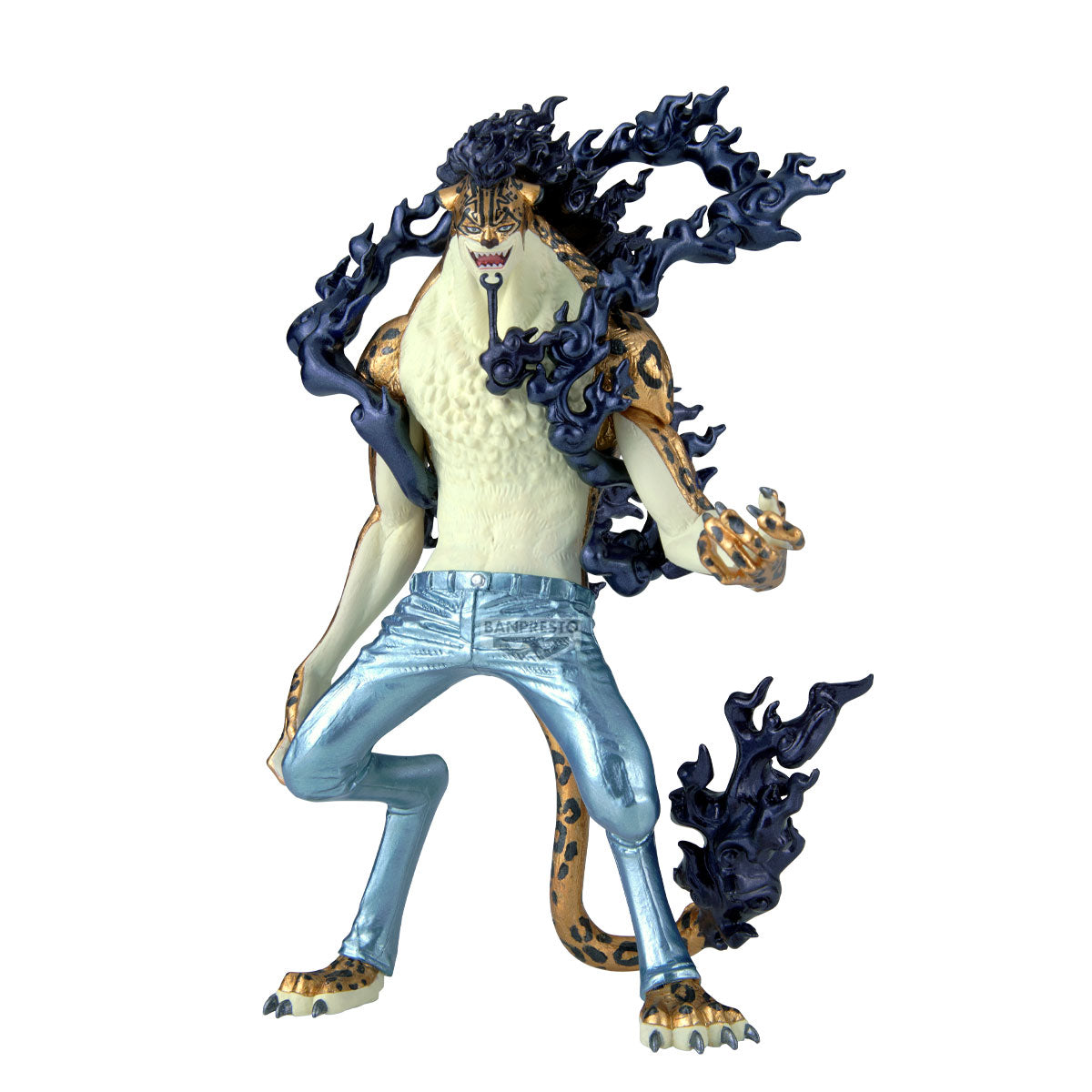 Action figure with leopard-like design and blue pants on a white background