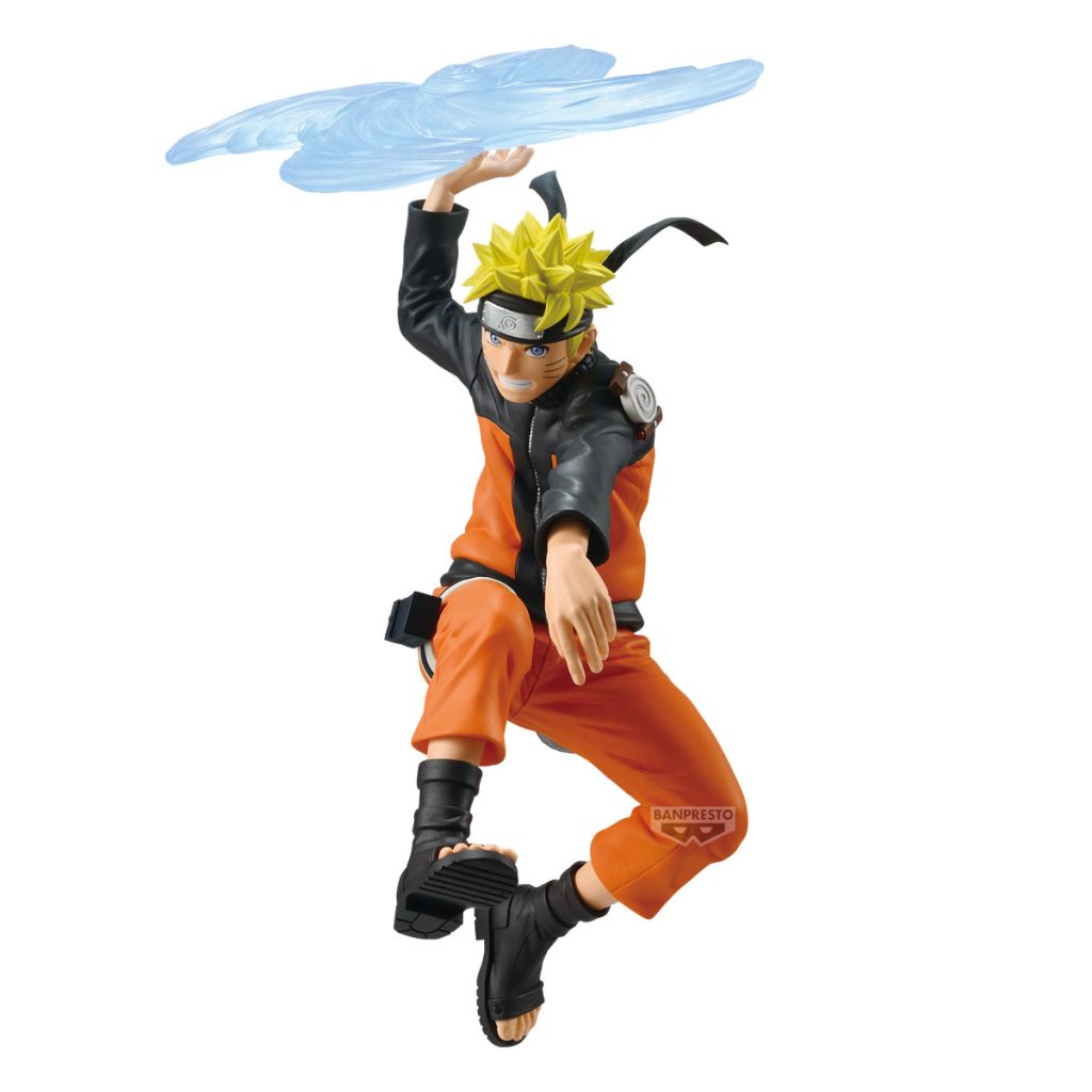 Action figure of a character in orange and black outfit with cloud-like object on white background