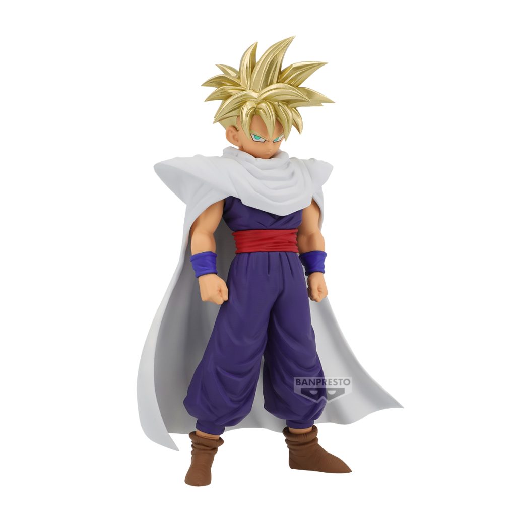 Action figure with spiky hair and cape on a white background