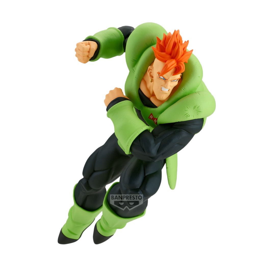 Action figure in green and black outfit with orange hair on a white background, featuring Banpresto logo.