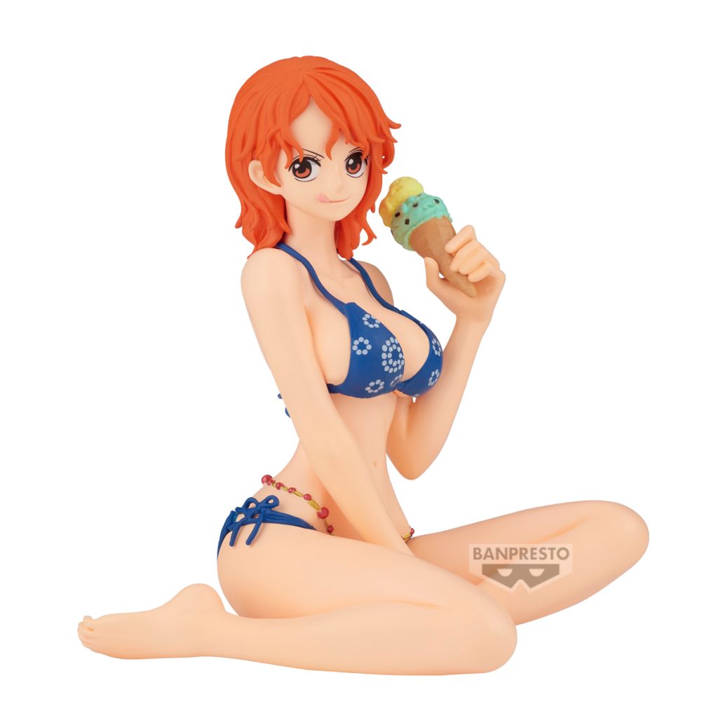 Figurine of a character in a blue bikini holding an ice cream cone on a white background, with 'BANPRESTO' branding.