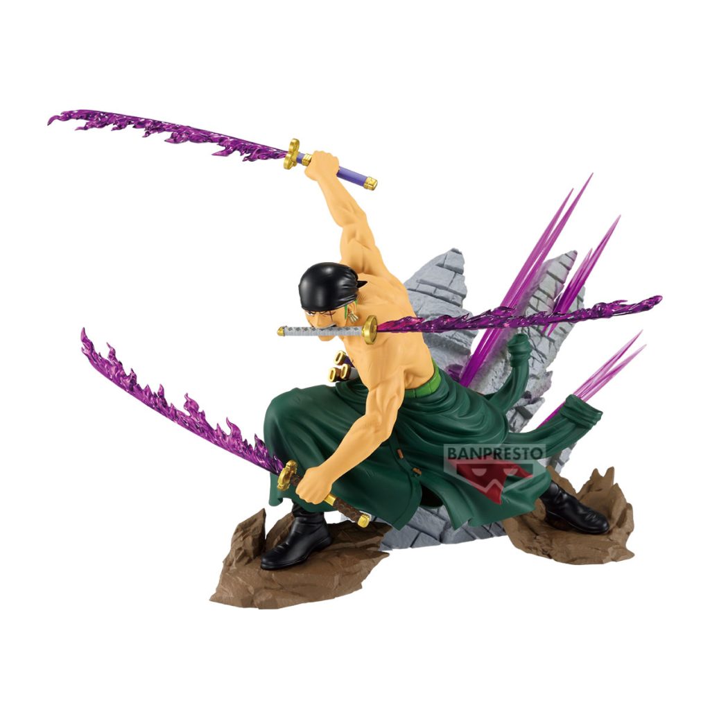 Action figure with purple blades and green outfit on a white background