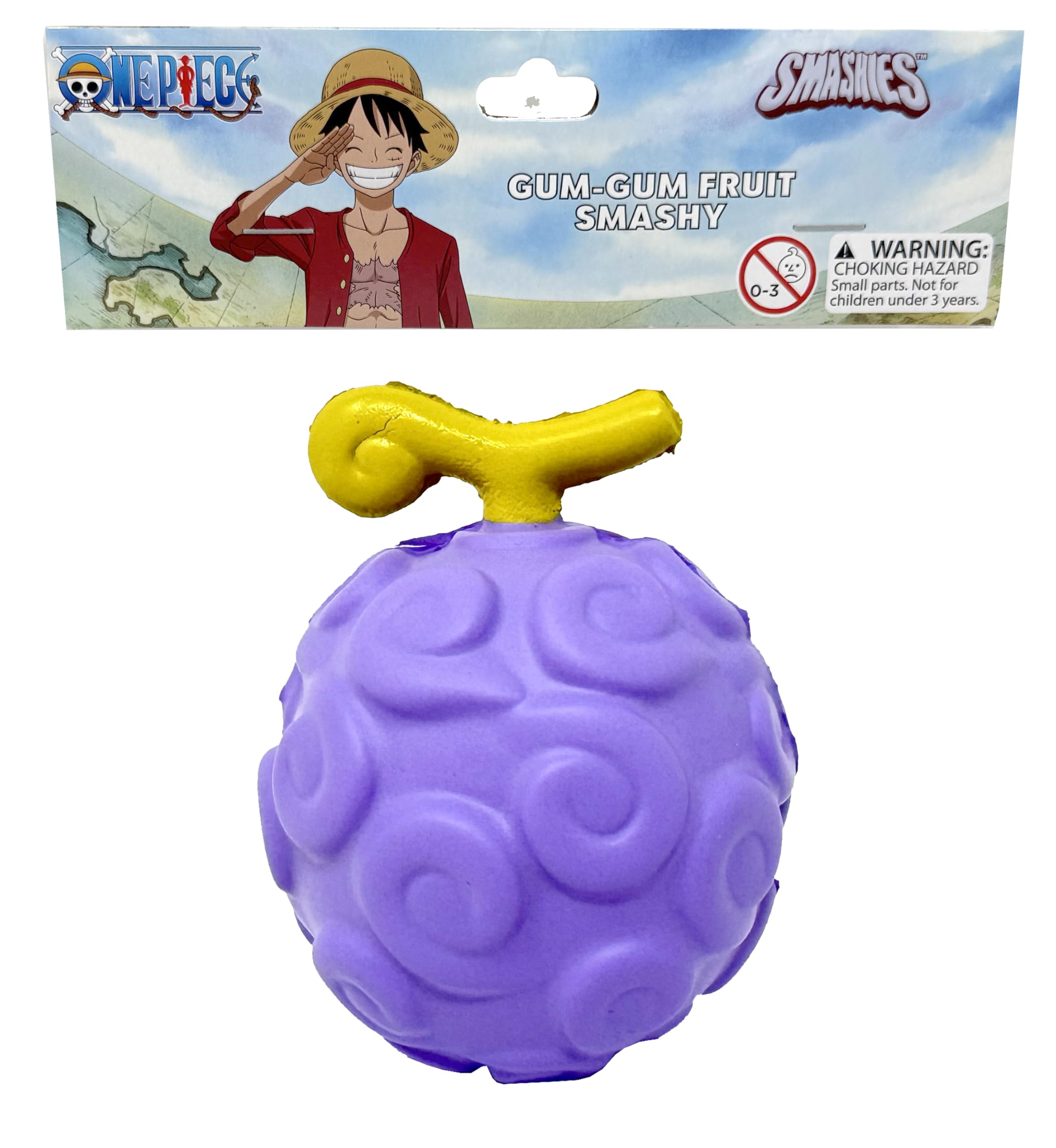 Purple gum-gum fruit toy with yellow handle from One Piece, featuring packaging above.