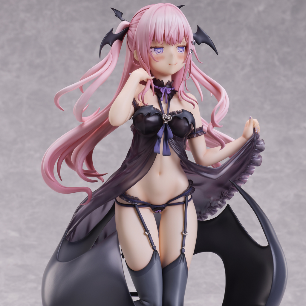 Anime character figurine with pink hair and black outfit on a gray background