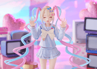 A figma of OMGkawaiiAngel from NEEDY STREAMER OVERLOAD, featuring multiple face plates and optional parts for various poses, including a :( Cat accessory.
