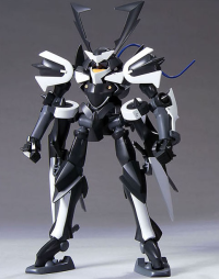 Black and white robot model on a gray background