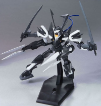 Model kit of a robot with swords on a stand against a gray background