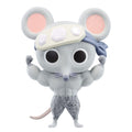 Plush toy of a gray mouse character with a white hat and pink ears on a white background