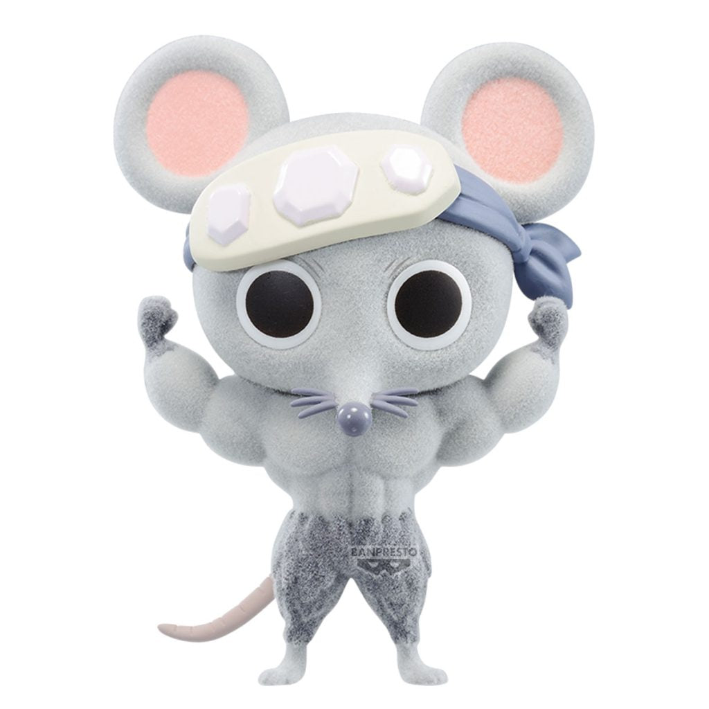 Plush toy of a gray mouse character with a white hat and pink ears on a white background