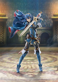 Figurine of a character with blue hair and armor, holding a sword in a dynamic pose.