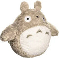 A plush Totoro toy from Studio Ghibki, featuring its signature round body, fluffy gray-brown fur, and cream-colored belly, shown against a plain white background.