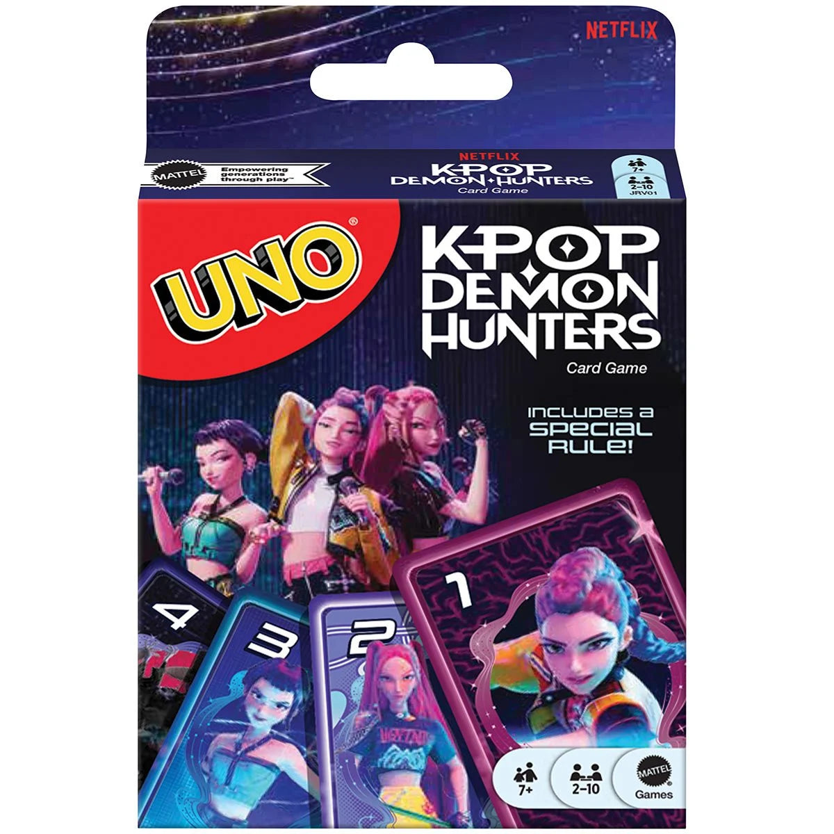 UNO Kpop Demon Hunters card game packaging with characters and Netflix logo.