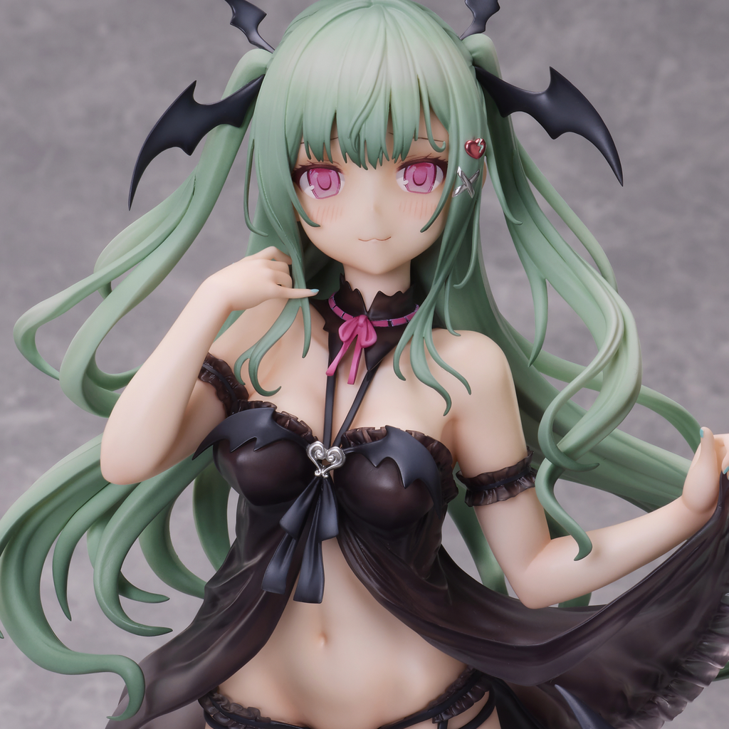 Anime character figurine with green hair and black and pink outfit on a gray background