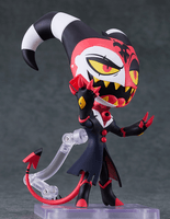 A Nendoroid of Blitzo from Helluva Boss featuring multiple face plates and optional poseable parts like a gun, smartphone, and Grimoire. Comes with stand.