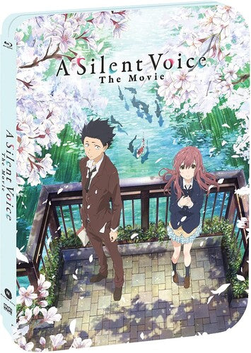 A Silent Voice: The Movie steelbook case cover featuring an illustrated anime scene with two characters standing on a stone walkway beside a pond, surrounded by cherry blossoms and greenery.