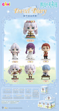 A promotional display card for the Eaki Travel Diary series, showcasing multiple chibi-style collectible figures of fantasy characters in a light blue, whimsical border design with product details and packaging at the bottom.