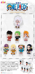 A product display sheet for a One Piece merchandise set featuring multiple small character figures and packaging. The sheet includes the One Piece logo at the top, several anime-style mini-dolls arranged in rows, product details in Chinese at the bottom left, and boxed figures at the bottom right.