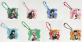 Eight anime keychain charms arranged in two rows on a white background. Each square charm features a different character from Demon Slayer, with its own colored bead strap.