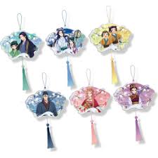 Six colorful anime-themed hanging ornaments shaped like clouds, each featuring different character illustrations and a tassel below, displayed on a plain white background.
