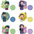 A set of six chibi anime character acrylic stands with matching circular decorative elements, featuring characters in green, blue, purple, and yellow outfits on a white background.