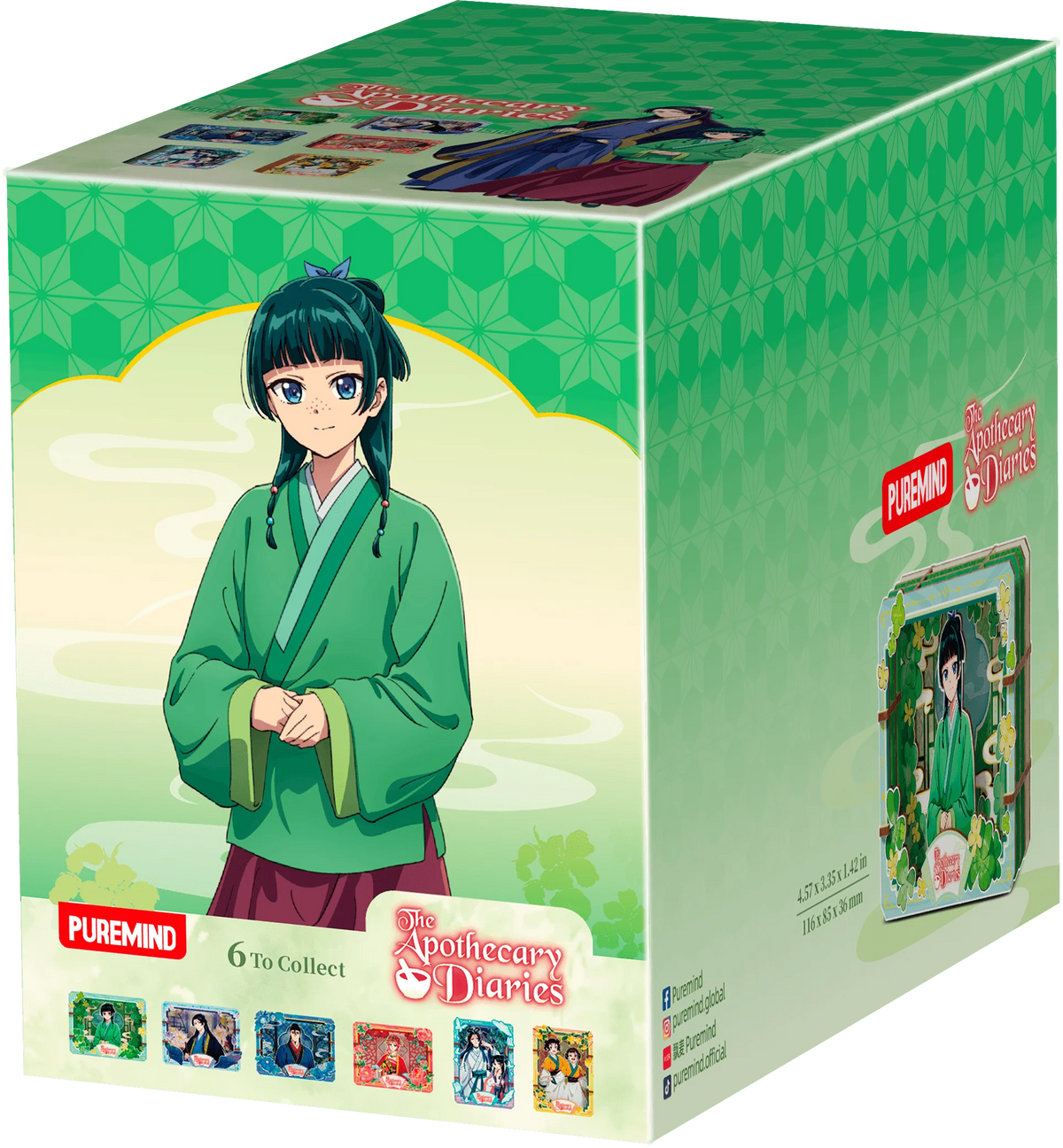 A collectible set of 6 wooden theatres for 'The Apothecary Diaries' featuring a green and white patterned design with an illustration of a female character in traditional Japanese attire. The box includes branding for 'PUREMIND' and displays six different illustrated cards along the bottom edge.