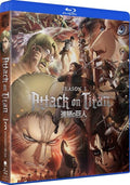 Blu-ray cover of 'Attack on Titan' Season 3 with animated characters and action scenes.