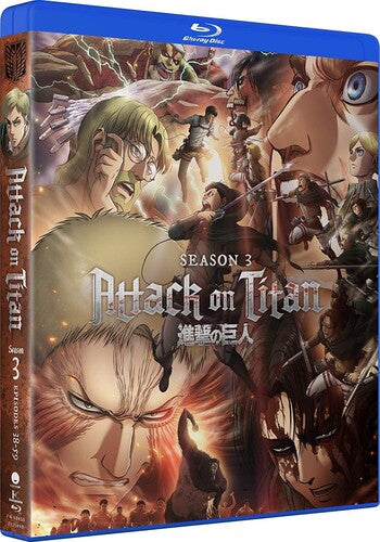 Blu-ray cover of 'Attack on Titan' Season 3 with animated characters and action scenes.