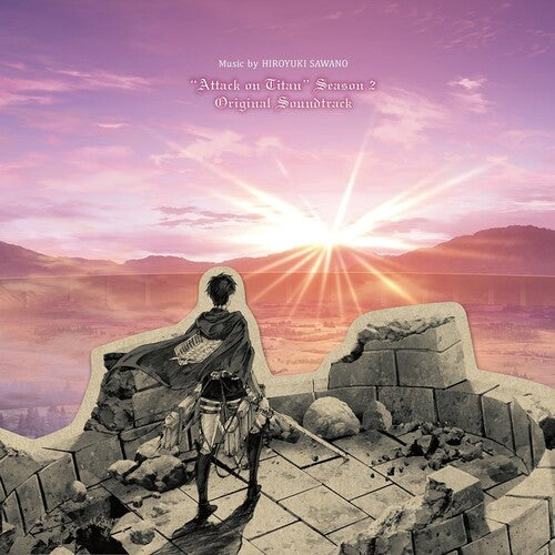 Album cover with a character standing on a stone wall overlooking a sunset, featuring text for 'Attack on Titan' Season 2 Original Soundtrack.