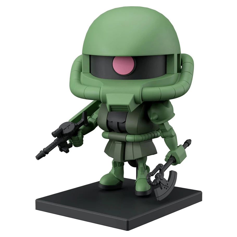 Green toy figure with a helmet and weapons on a white background