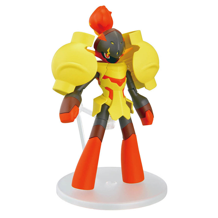 Colorful robot figurine with yellow, orange, and black design on a white background