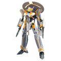Mechanical robot model with gray, yellow, and white color scheme on a white background
