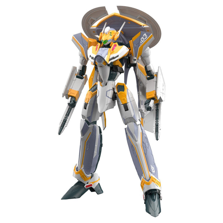 Mechanical robot model with gray, yellow, and white color scheme on a white background