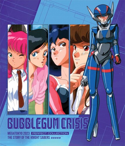 Cover of 'Bubblegum Crisis' with animated characters and robot on a blue and purple background