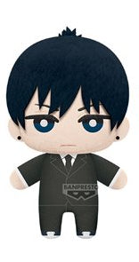 Small plush of a dark blue haired boy in a black and white suit 