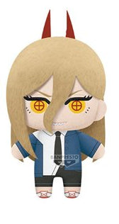 Small plush of a blonde girl with red horns wearning a suit with a blue jacket