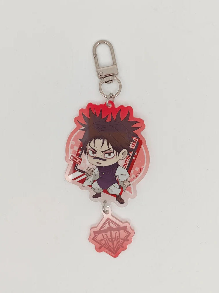 An anime keychain featuring a chibi character on a translucent red and pink acrylic charm, complete with a silver carabiner clip and a small matching pink tag, shown on a plain light background.