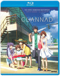 Blu-ray cover of 'Clannad' anime with characters by a building.