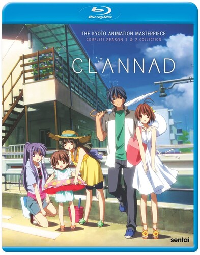 Blu-ray cover of 'Clannad' anime with characters by a building.