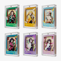 Six anime character acrylic display cards arranged in a 2x3 grid on a light gray background. Each card is housed in a clear protective case and features colorful character art with Japanese text and decorative borders.