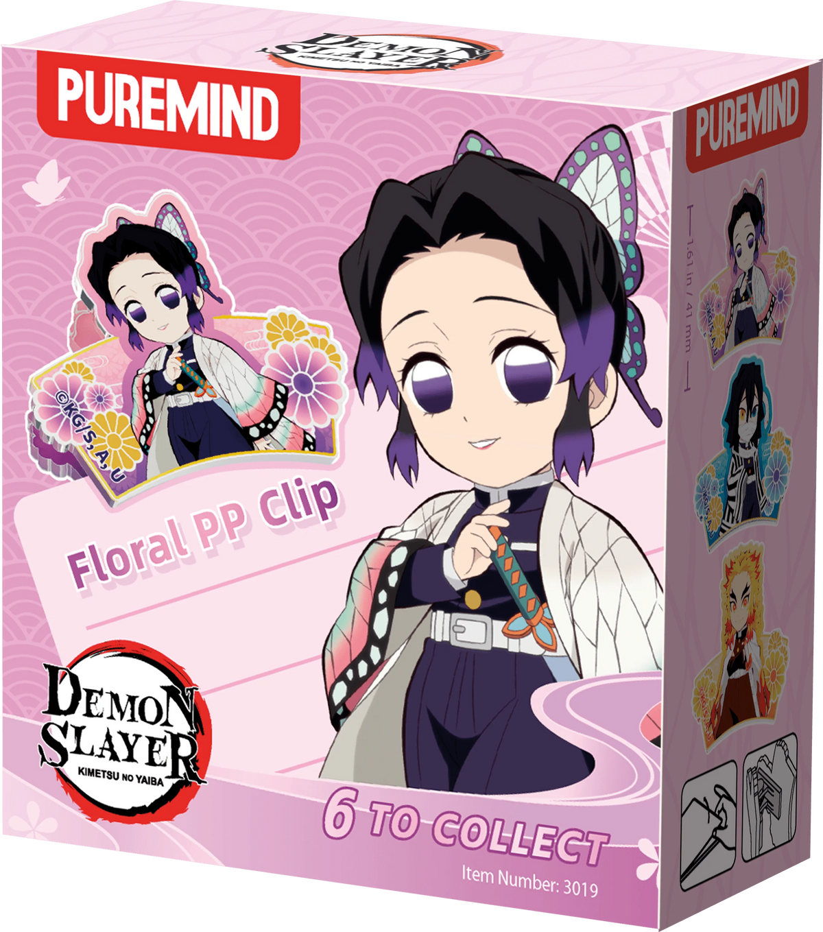 A pink retail box for a Demon Slayer: Kimetsu no Yaiba collectible sticker set featuring the character Zenitsu Agatsuma. The box displays the 'PUREMIND' brand logo, 'Floral PP Clip' text, and 'Demon Slayer' branding, with illustrations of the character and other collectible clips on the front and side panels.