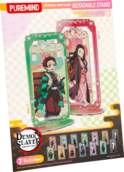 Puremind Demon Slayer Spring Matsuri Rotatable Stand packaging, featuring anime character stands with green and pink themed designs on a checkered card backing.