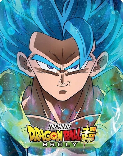 Character from 'Dragon Ball Super' with blue hair and green aura, featuring the movie title.